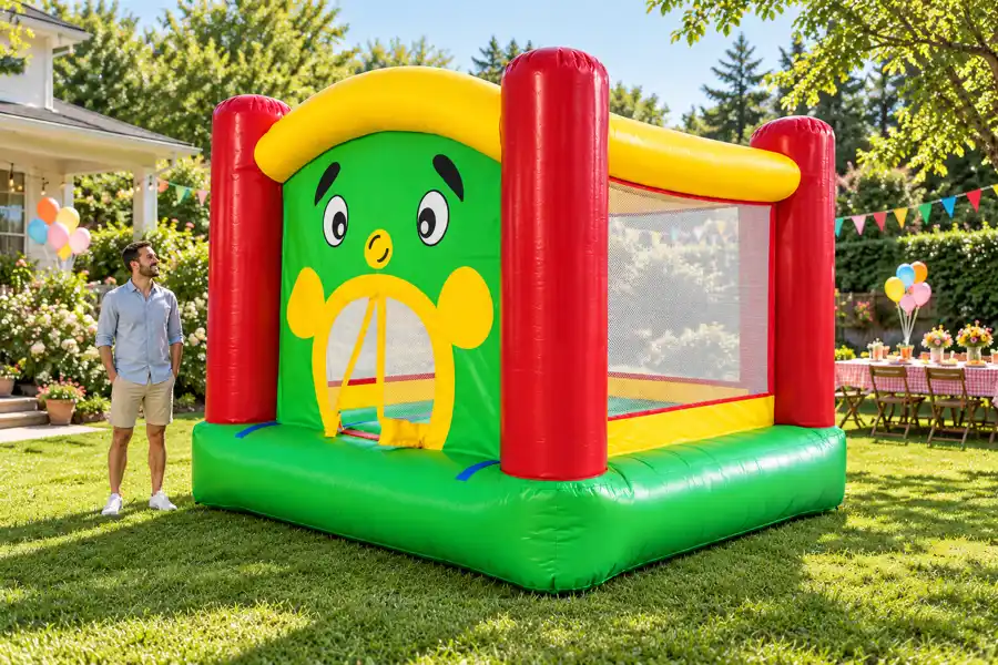 המחשת מתנפח ליצן ירוק אדום וצהוב מדגם הקטלוג באירוע בגינה