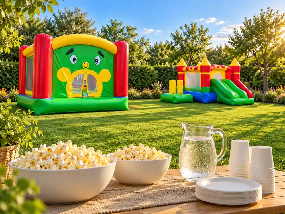 שולחן כיבוד עם פופקורן ומים לצד מתנפחים בגינה